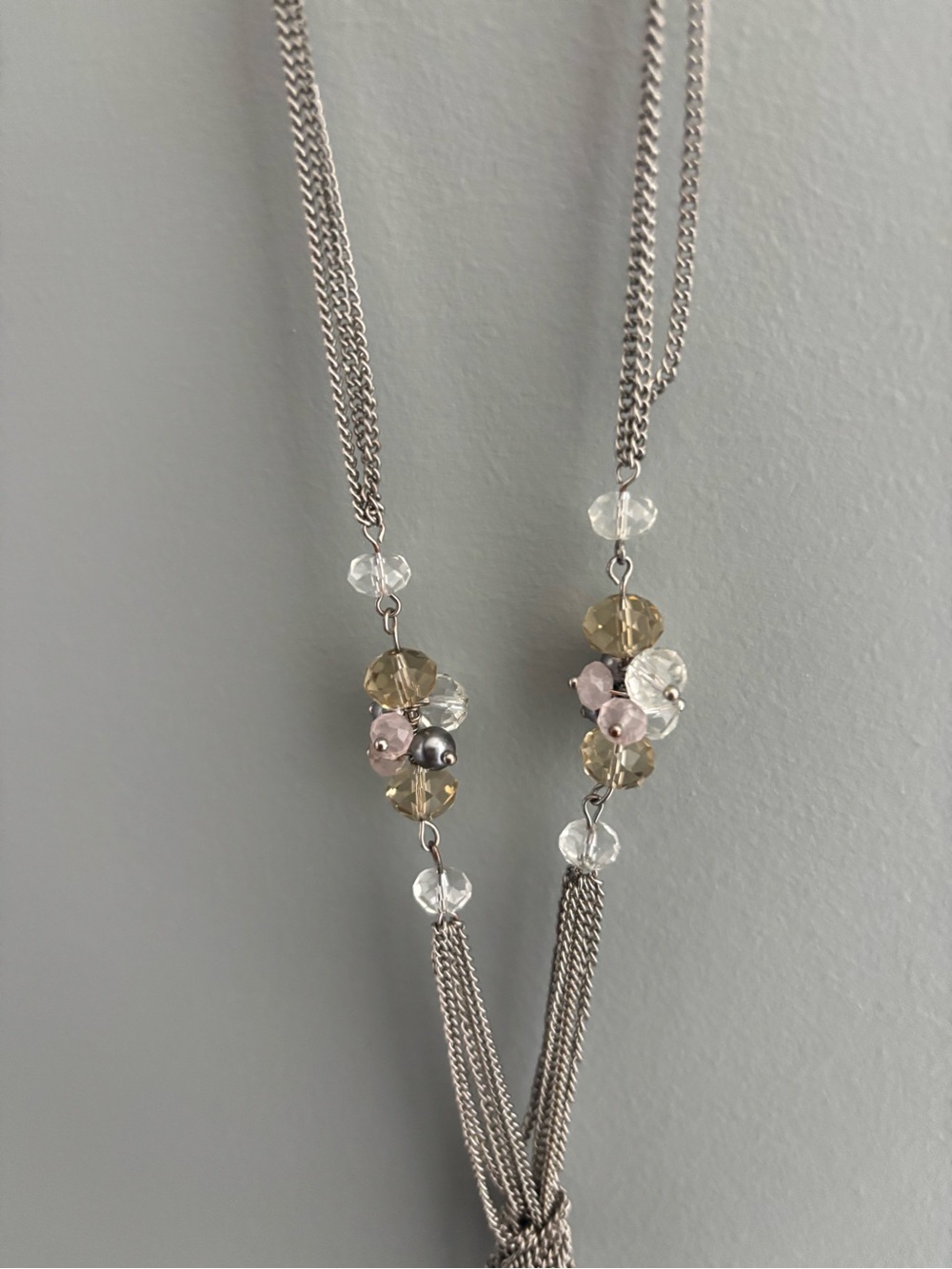 American Eagle, 20” long Y2K Silver Multi-Bead Tassel Necklace